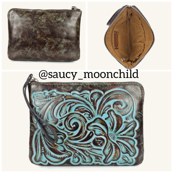 NWT 《 Patricia Nash 》 Brown Cassini Turqoise Leather Tooled Wristlet Bag Womens - Picture 2 of 6